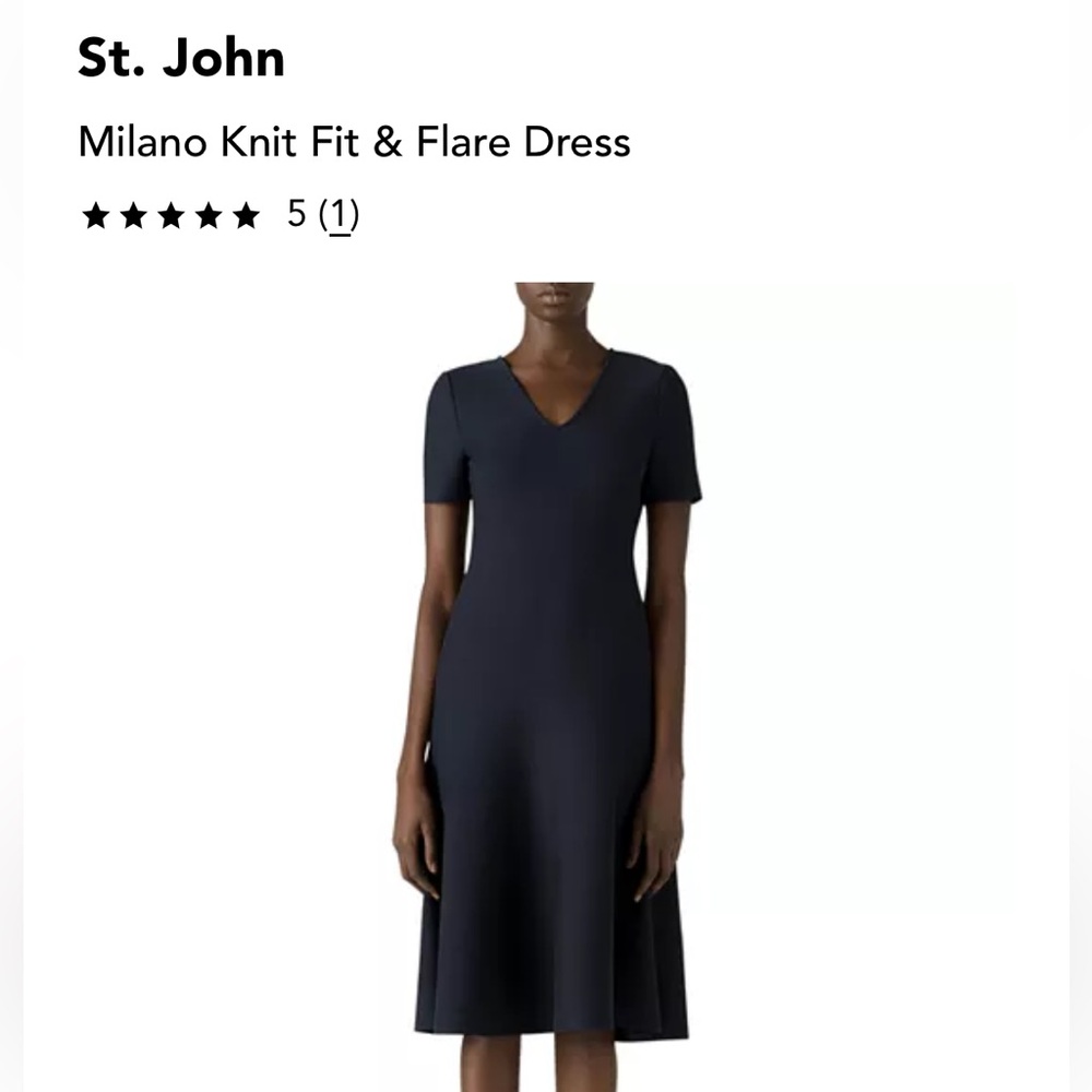 St. John Navy Fit and Flare Midi Dress V-Neck Short Sleeve